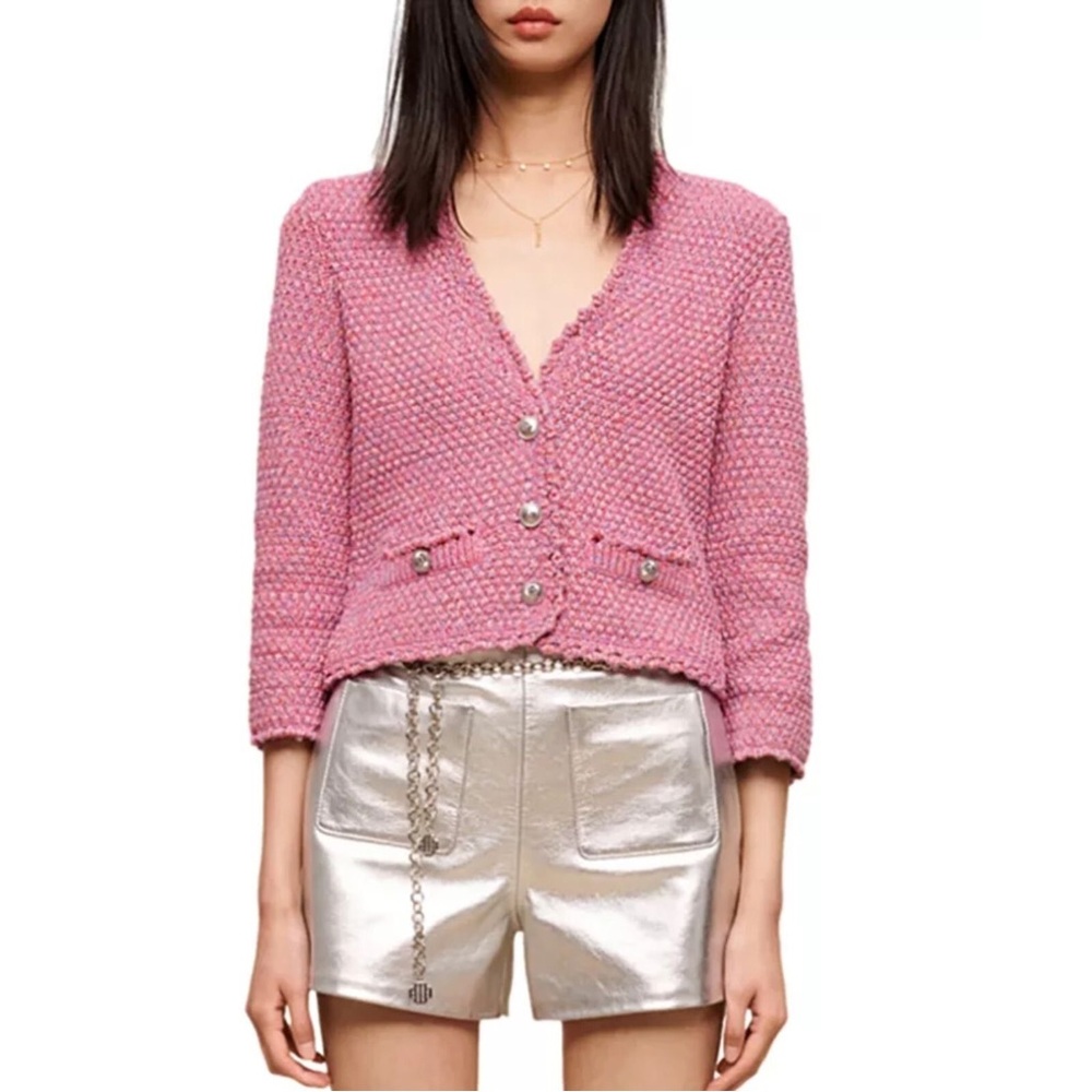 Maje Tweed V Neck Cardigan